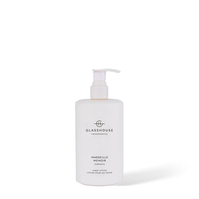 Glasshouse Fragrances Marseille Memoir hand lotion, 450 ml, on a white background