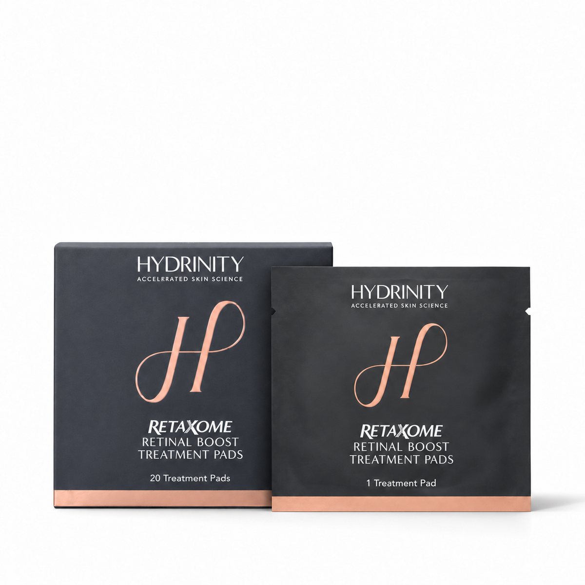 Hydrinity RetaXome Retinal Boost Treatment Pads, 20-pad carton and individual sachet on a white background