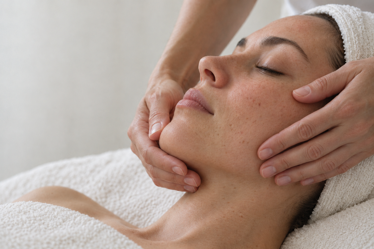 Illustrative close-up of a facial massage with natural skin texture and ivory linens.