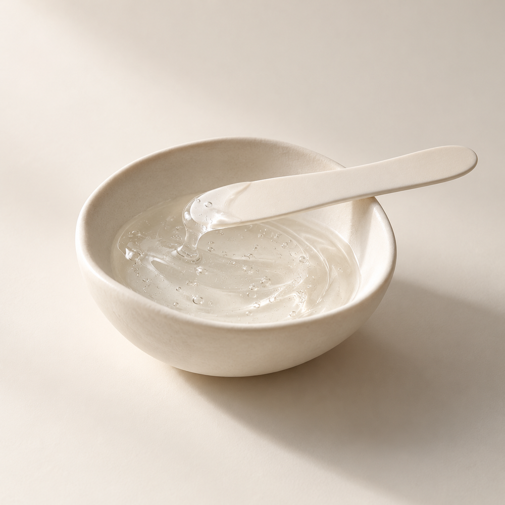 Illustrative mask-mixing ritual: clear gel in an ivory ceramic bowl with a spatula. Accessories shown for illustration.