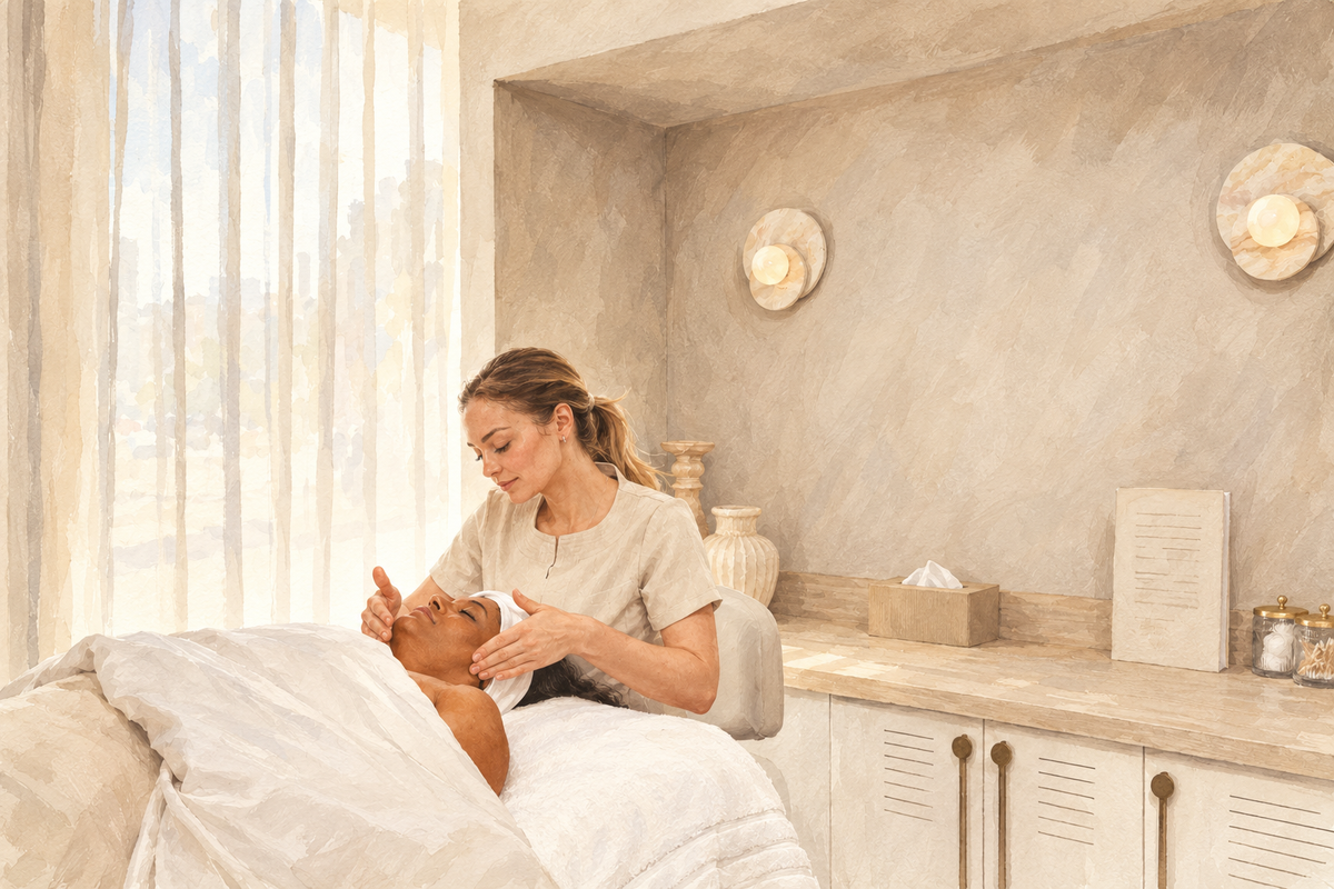 Illustration of Abby performing a facial in the light-filled treatment room at Loshen & Crem in Edmonton.
