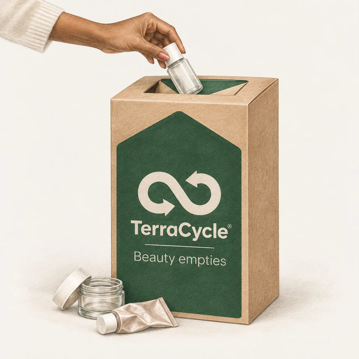 Soft illustration of a hand returning an empty skincare bottle to a TerraCycle recycling collection box.