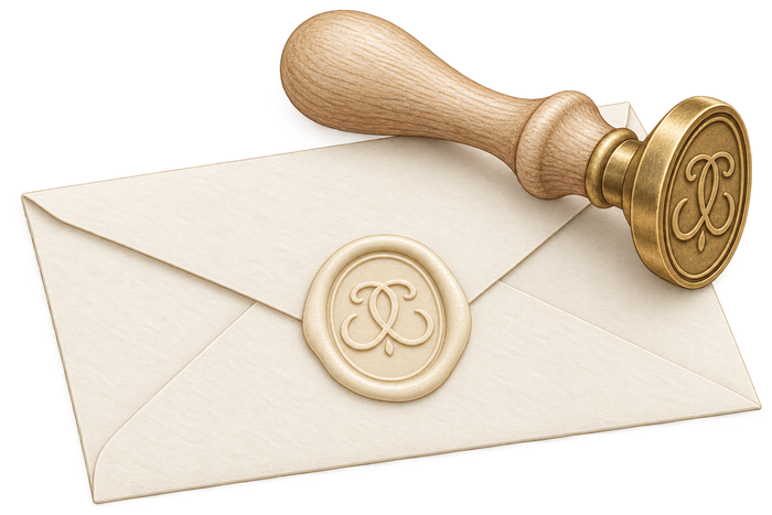Illustration of an ivory Loshen and Crem wax seal on an envelope beside a wooden-handled stamper with an oval gold head.