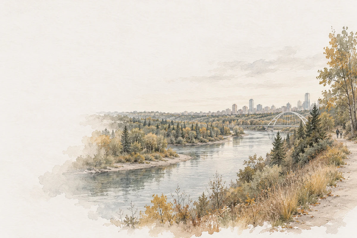Watercolour interpretation of Edmonton’s river valley, with Walterdale Bridge in the distance.