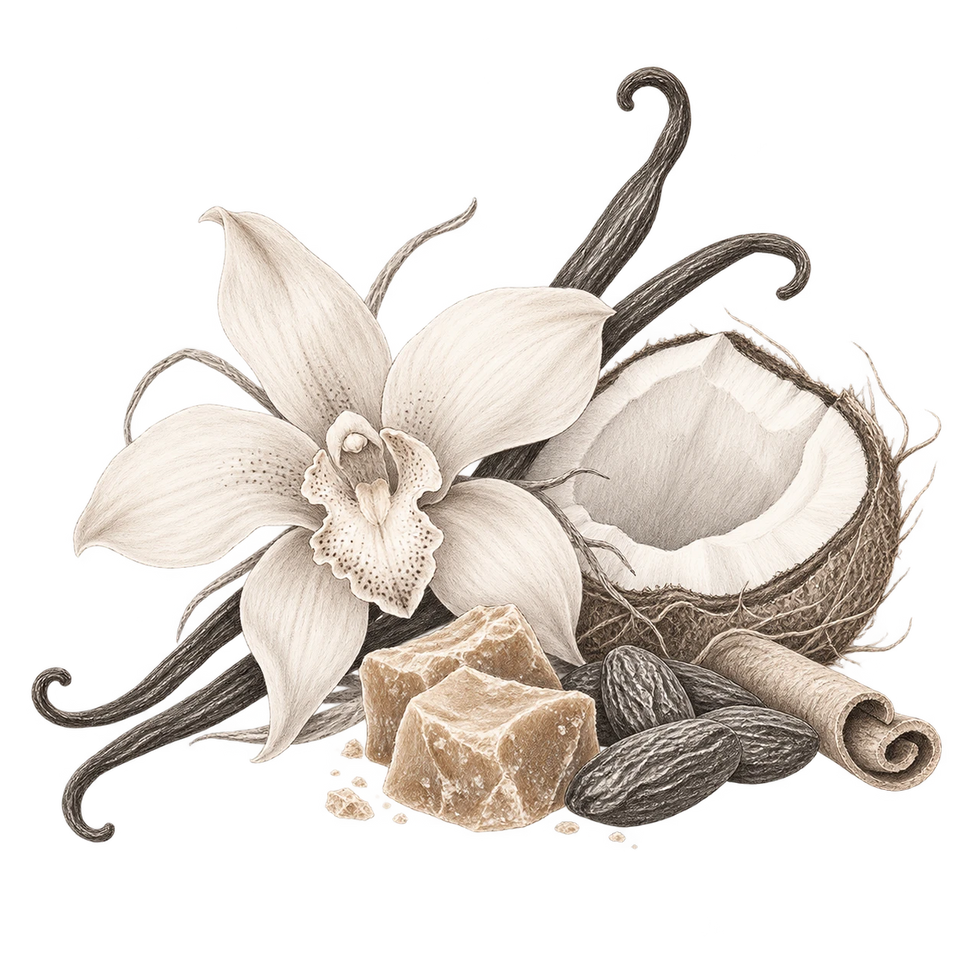 An ingredient still life inspired by the Gourmand fragrance family.