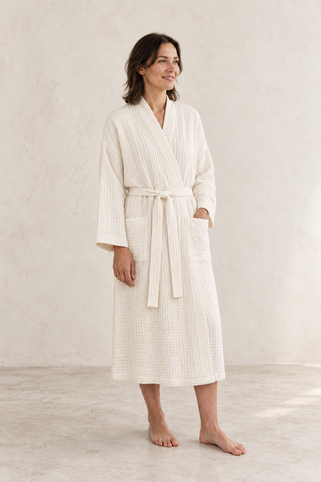 AI-created editorial of a woman wearing a cream crinkle linen and cotton robe.