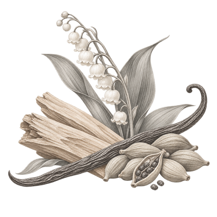 Ambre Santal — delicate grey and beige botanical fragrance illustration on a transparent background