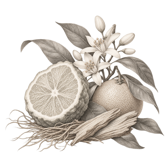 Blushed Bergamot — delicate grey and beige botanical fragrance illustration on a transparent background
