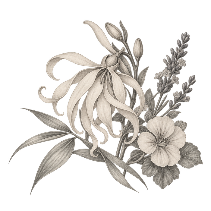 Fresh Linen — delicate grey and beige botanical fragrance illustration on a transparent background