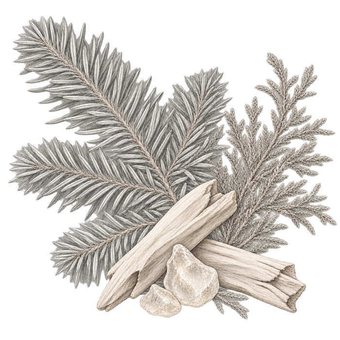 Winter Fir — delicate grey and beige botanical fragrance illustration on a transparent background