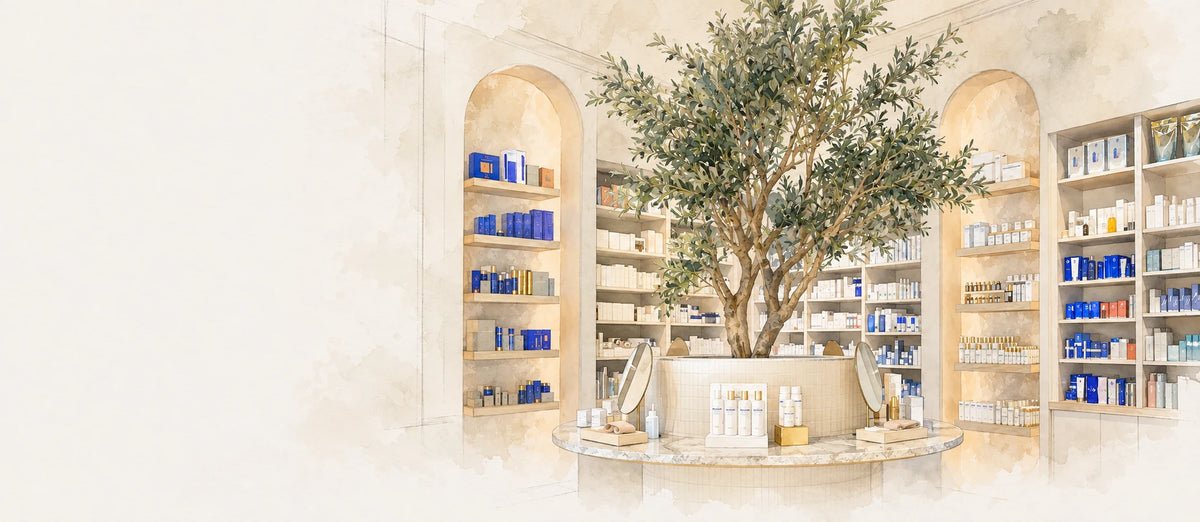 Watercolour illustration of the Loshen & Crem boutique shelves, olive tree and discovery counter in Edmonton