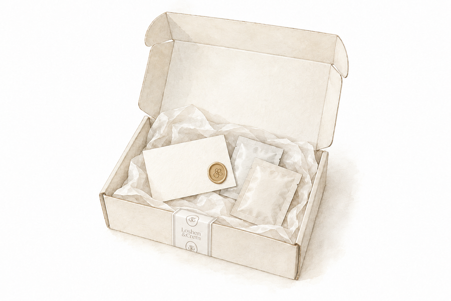 An illustrated Loshen &amp; Crem parcel with branded tape and a gold oval seal.