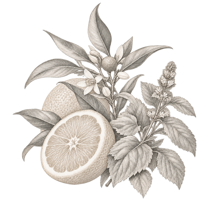 Bois d’Orange — delicate grey and beige botanical fragrance illustration on a transparent background