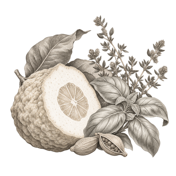 Cédrat — delicate grey and beige botanical fragrance illustration on a transparent background