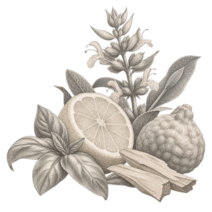 Cologne Twist — delicate grey and beige botanical fragrance illustration on a transparent background