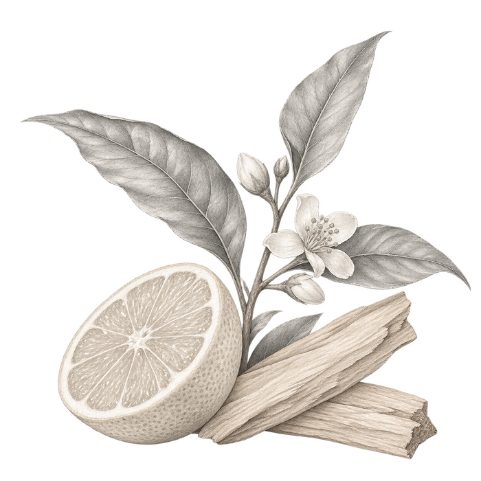 Feuille de Thé — delicate grey and beige botanical fragrance illustration on a transparent background