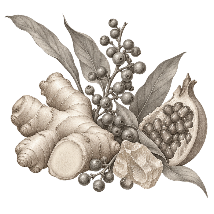 Gingembre Rouge — delicate grey and beige botanical fragrance illustration on a transparent background