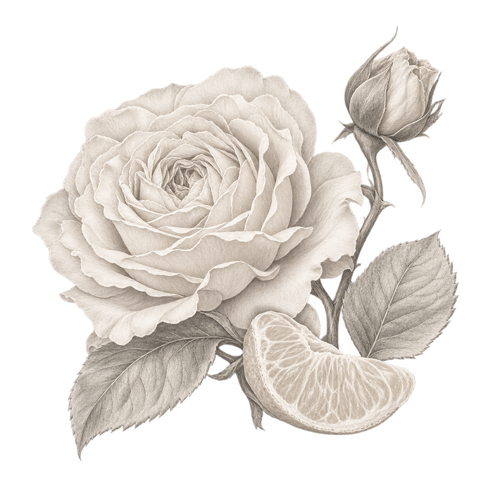 Rose — delicate grey and beige botanical fragrance illustration on a transparent background