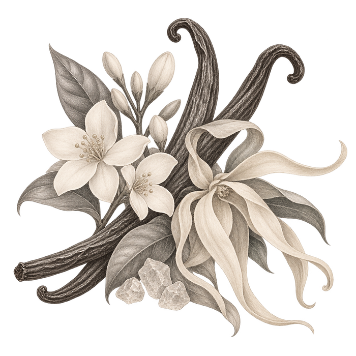 Vanille Soleil — delicate grey and beige botanical fragrance illustration on a transparent background