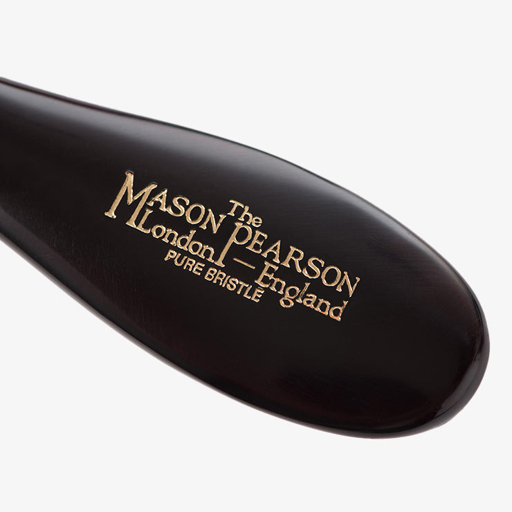 Mason Pearson Handy Sensitive Pure Boar Bristle Hairbrush SB3 in Dark Ruby — close-up of the handle and gold lettering