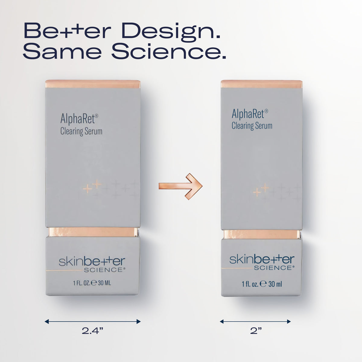 Skinbetter Science Sérum clarifiant AlphaRet 30 ml : l'ancienne boîte à côté de la nouvelle boîte plus étroite (de 2,4 po à 2 po de largeur), même formule