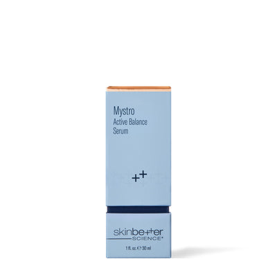 Boîte de 30 ml du Sérum équilibrant actif Mystro de Skinbetter Science, nouvel emballage plus étroit, vue de face sur fond blanc