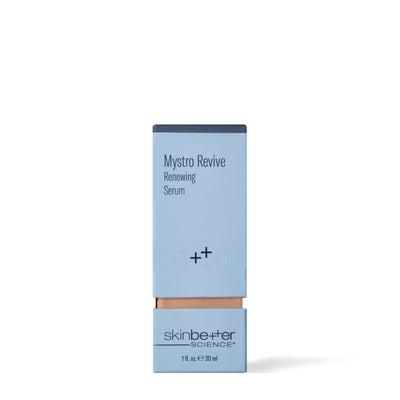 Boîte de 30 ml du Sérum renouvelant Mystro Revive de Skinbetter Science, nouvel emballage plus étroit, vue de face sur fond blanc