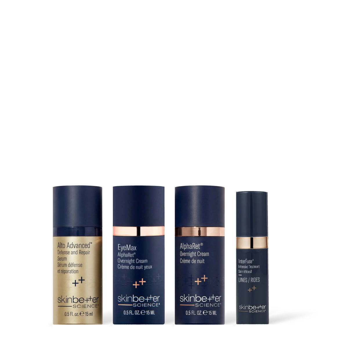 Coffret découverte Signs of Aging de Skinbetter Science : Sérum Alto Advanced Defense and Repair de 15 ml, Crème de nuit EyeMax AlphaRet de 15 ml, Crème de nuit AlphaRet de 15 ml et Traitement intensif InterFuse LINES de 5 ml, côte à côte sur fond blanc