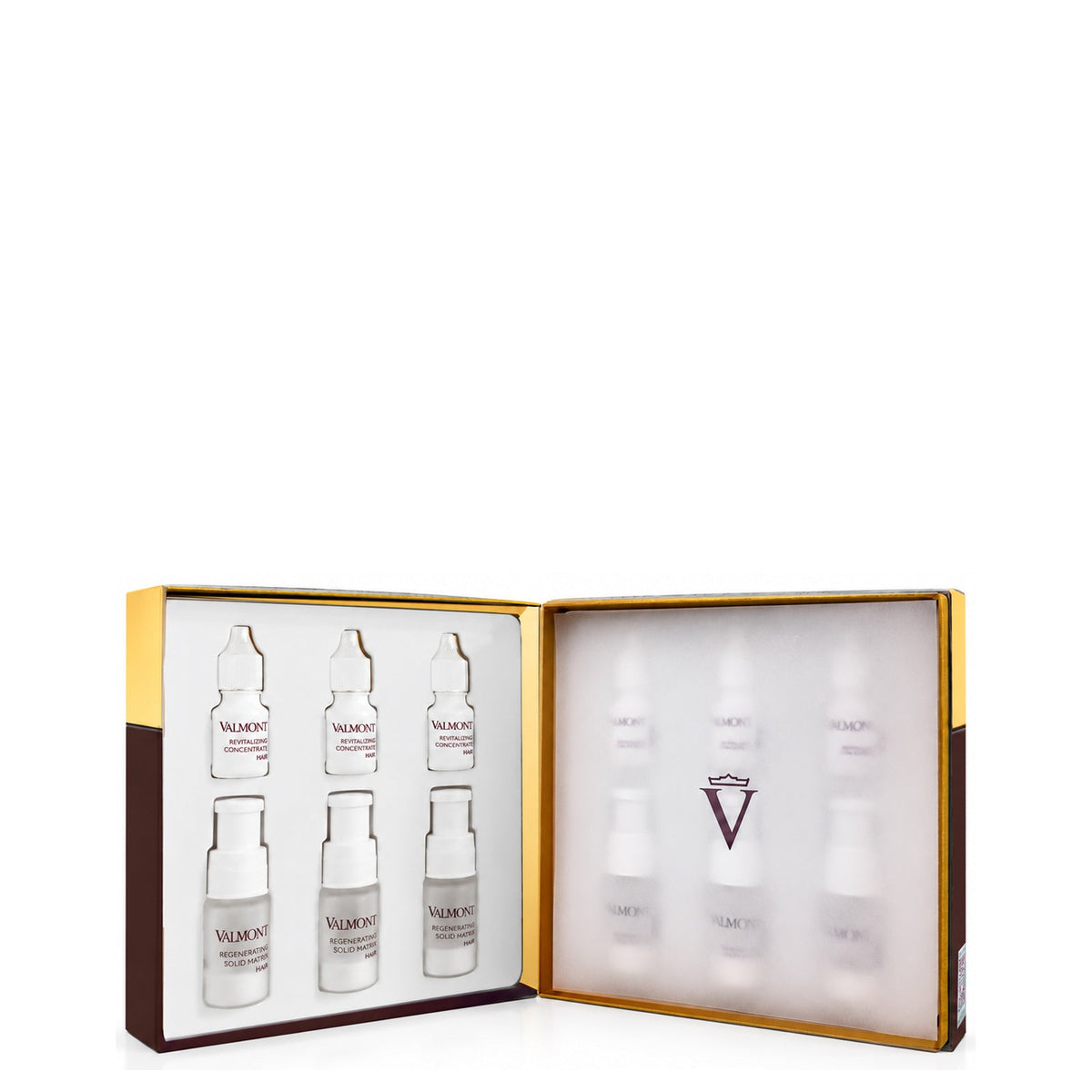 Inside the Valmont Hair & Scalp Cellular Treatment box, showing six two-part duos on white